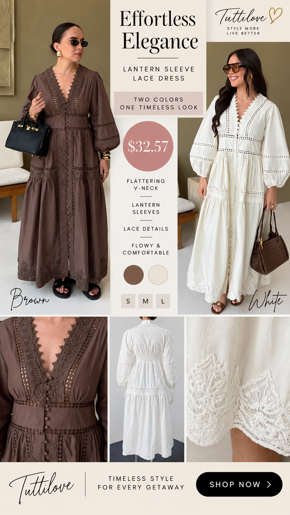Lantern Sleeve Lace Dress – Brown & White | Under $35