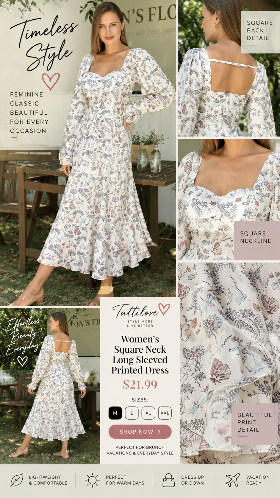 Women’s Square Neck Printed Dress | Long Sleeve | Under $25