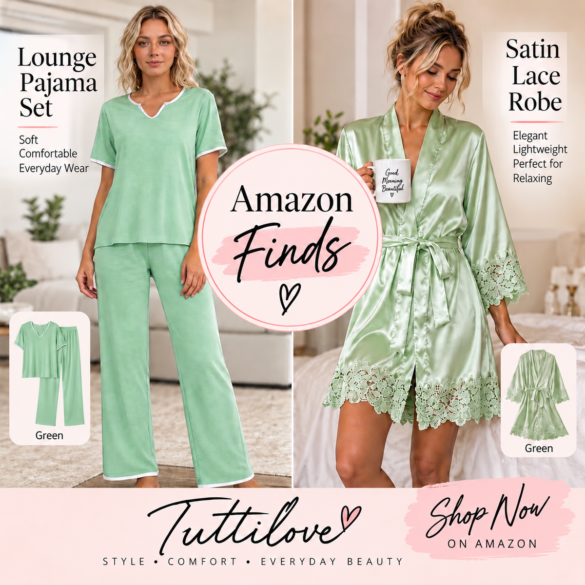 Women’s Green Pajama Set with Robe | Soft & Elegant Loungewear