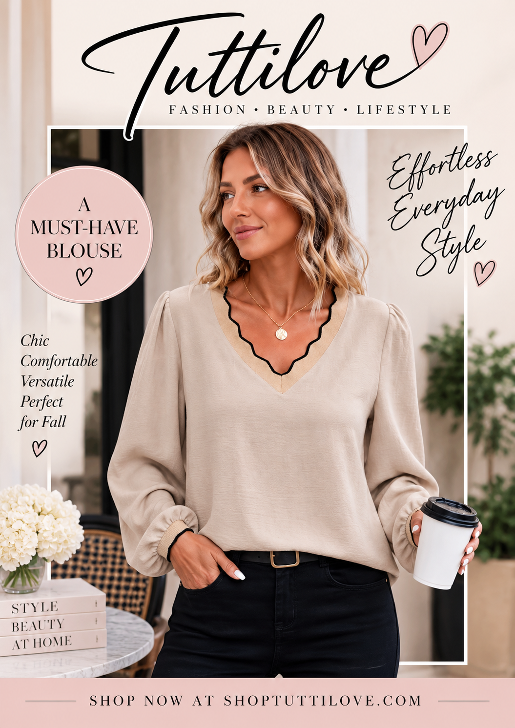 Three Ways to Wear a Beige Long-Sleeve Blouse