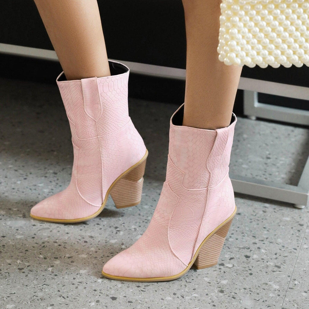 Cowgirl Chic High Heel Ankle Boots - Trendy Denim and Leather Boots for Women