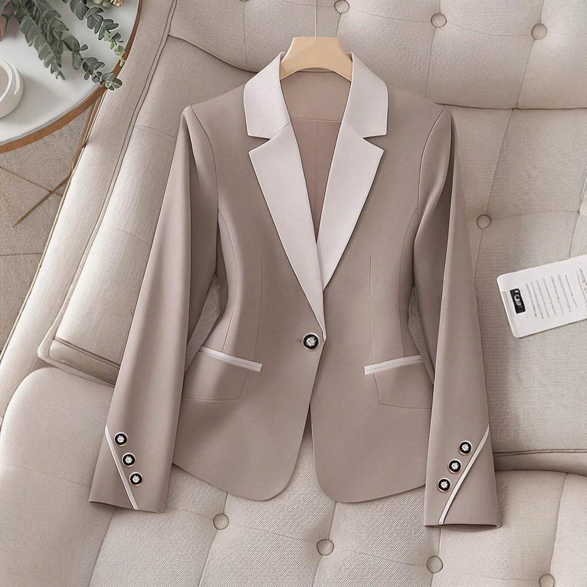 Women’s Contrasting Color Blazer – Elegant Button Formal Jacket
