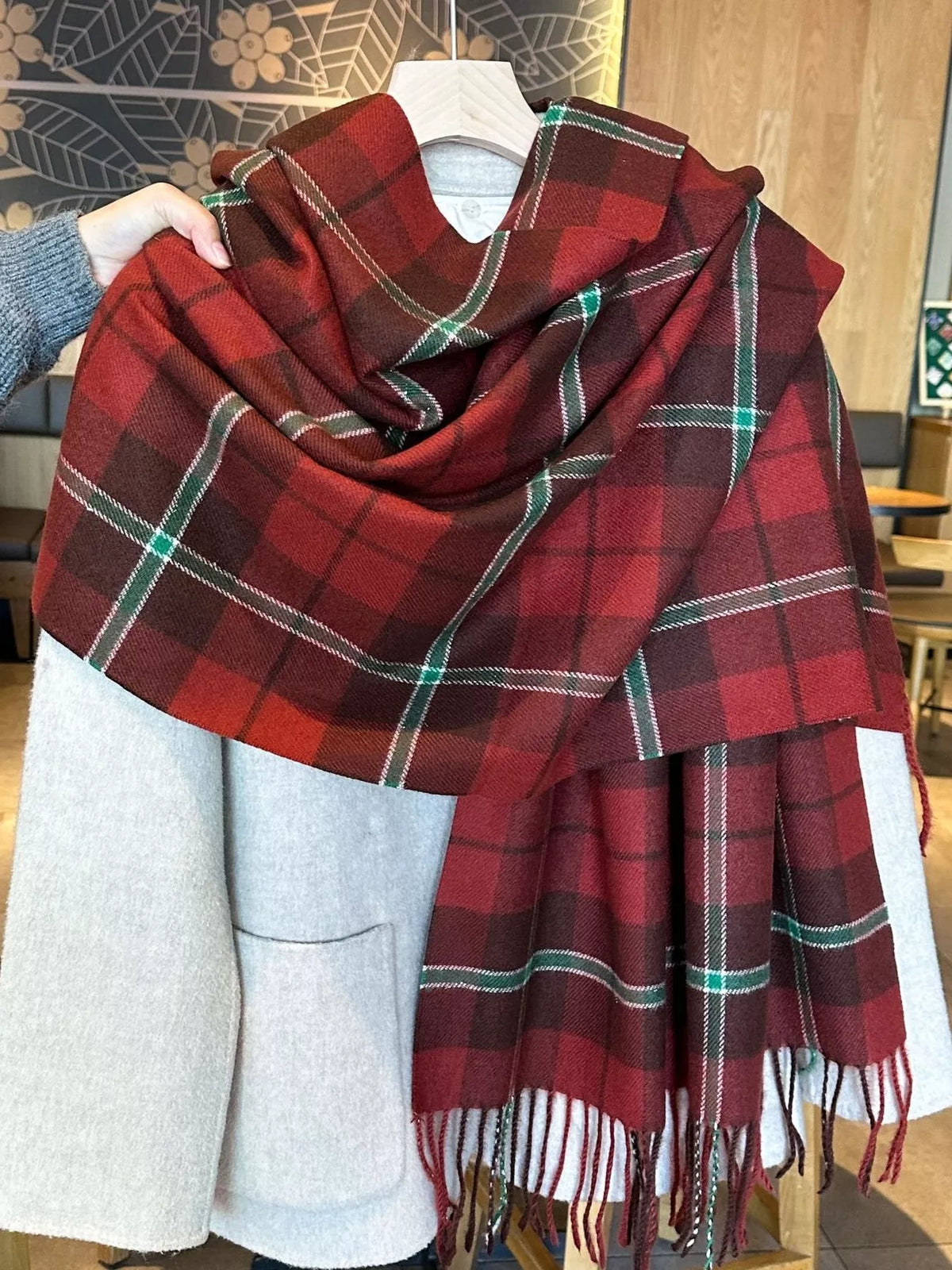 The Aspen Plaid Fringe Scarf.