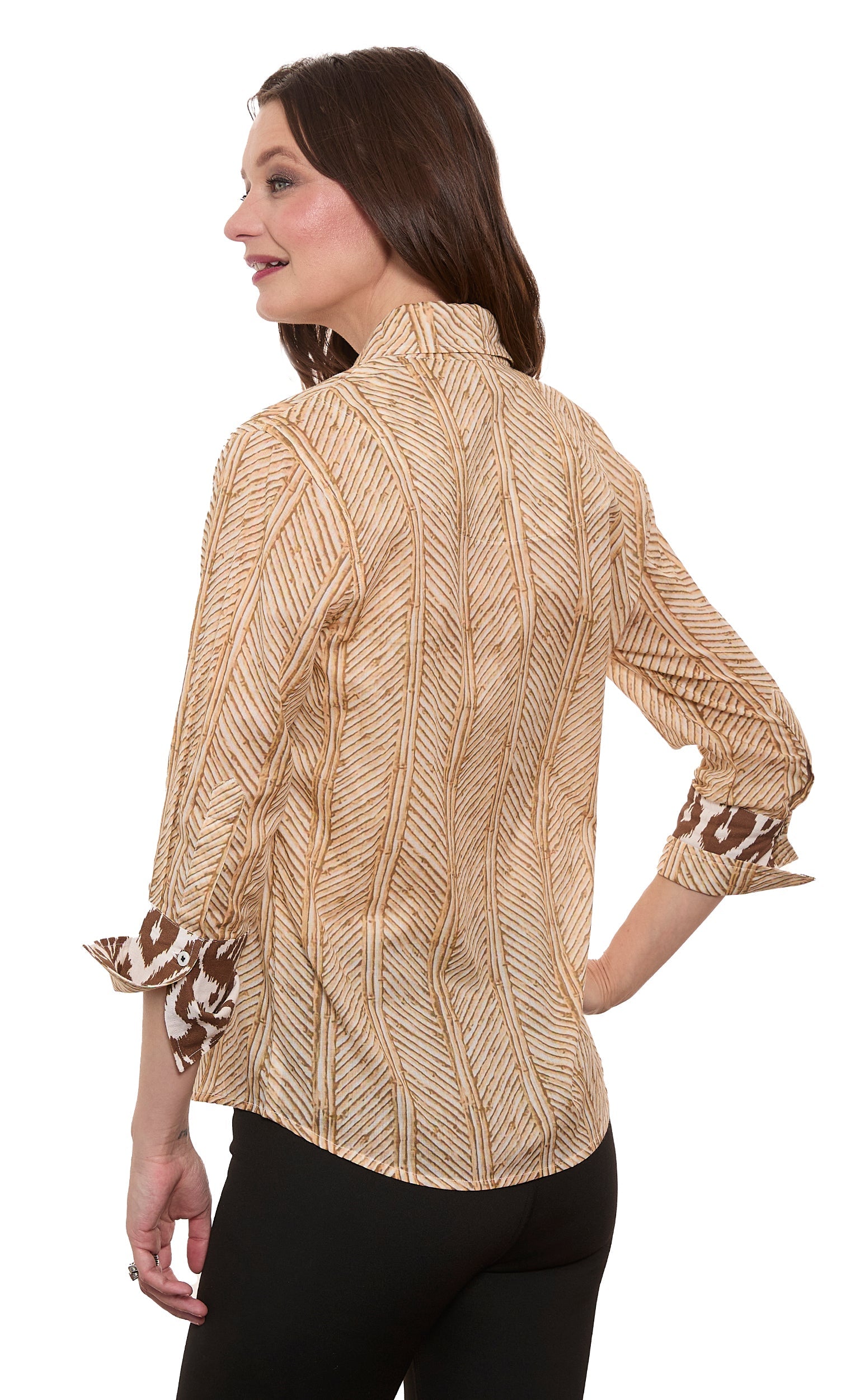 3/4 Sleeve Rome Shirt Khaki White Voile Wicker Print