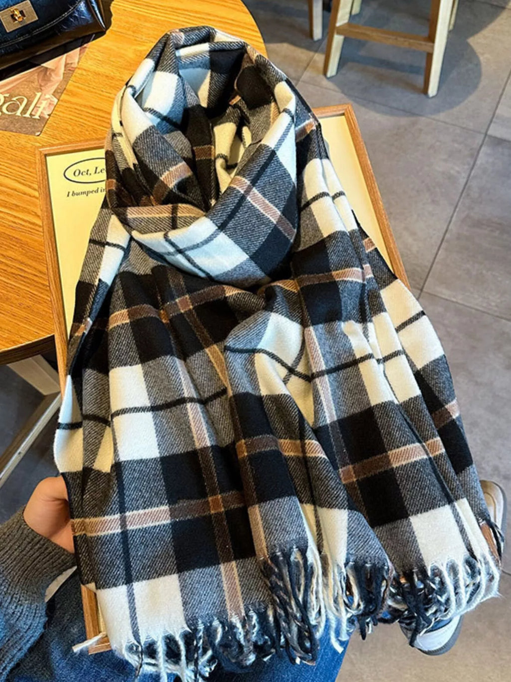 The Aspen Plaid Fringe Scarf.