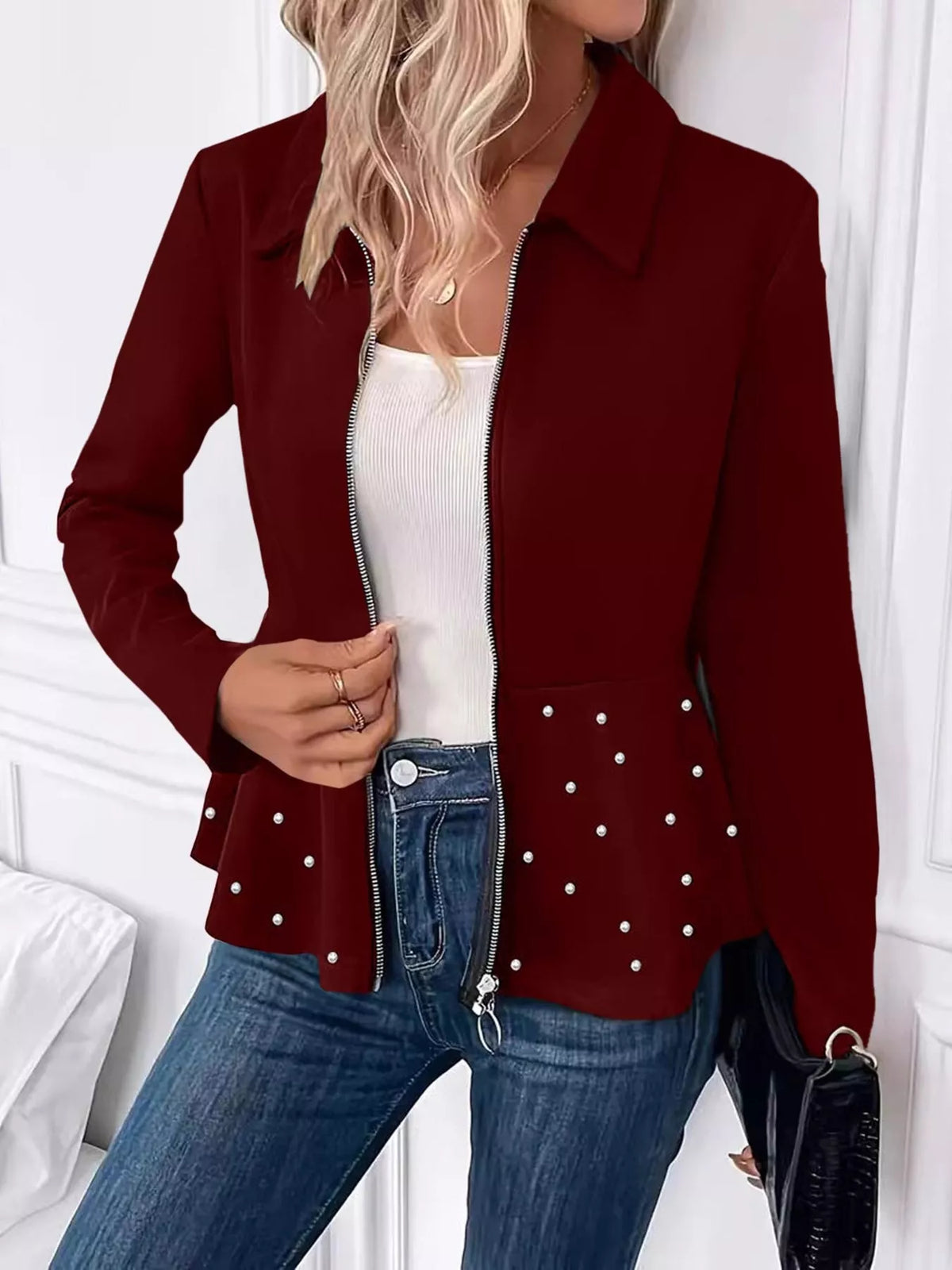 The Noelle Pearl-Embellished Peplum Jacket