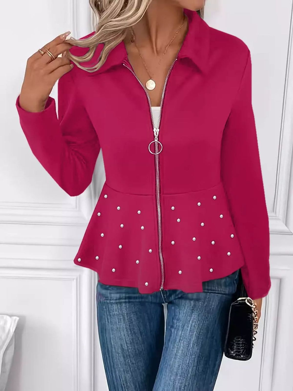 The Noelle Pearl-Embellished Peplum Jacket