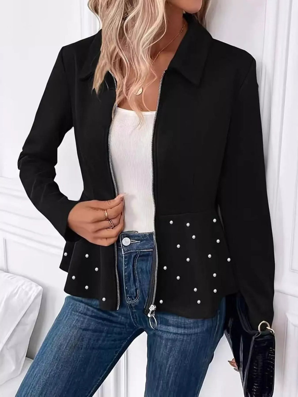 The Noelle Pearl-Embellished Peplum Jacket