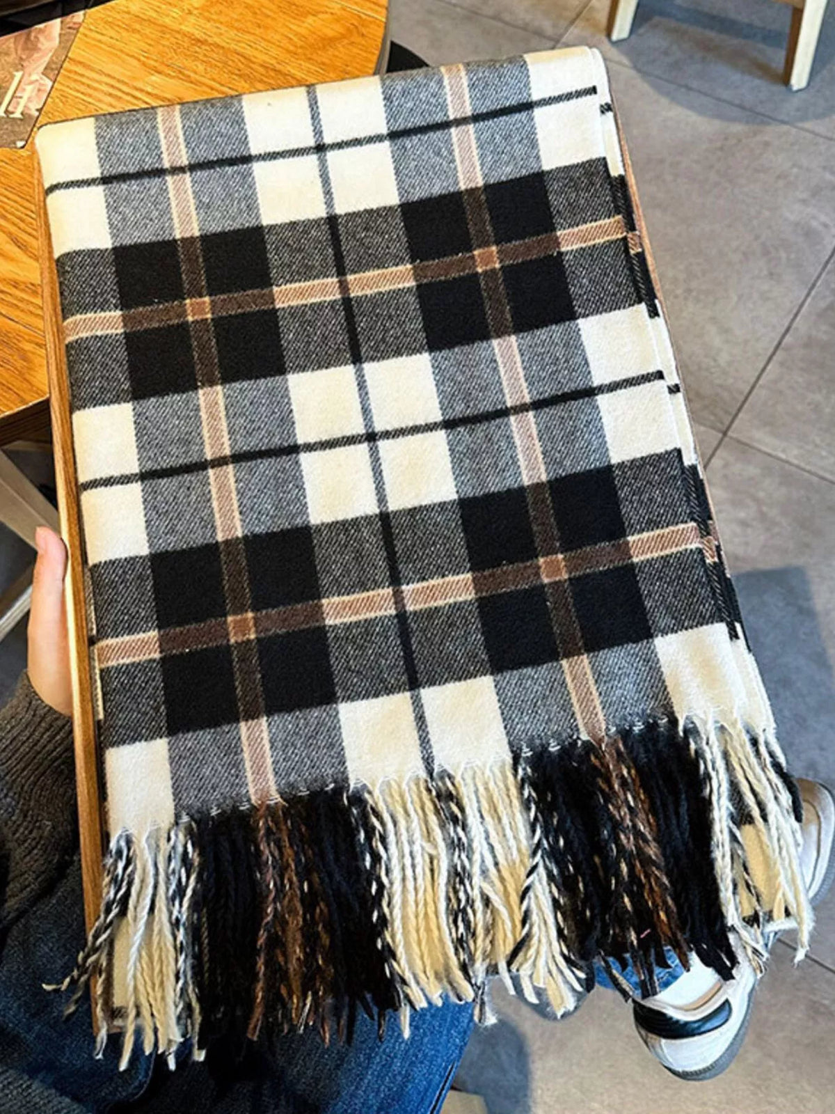 The Aspen Plaid Fringe Scarf.
