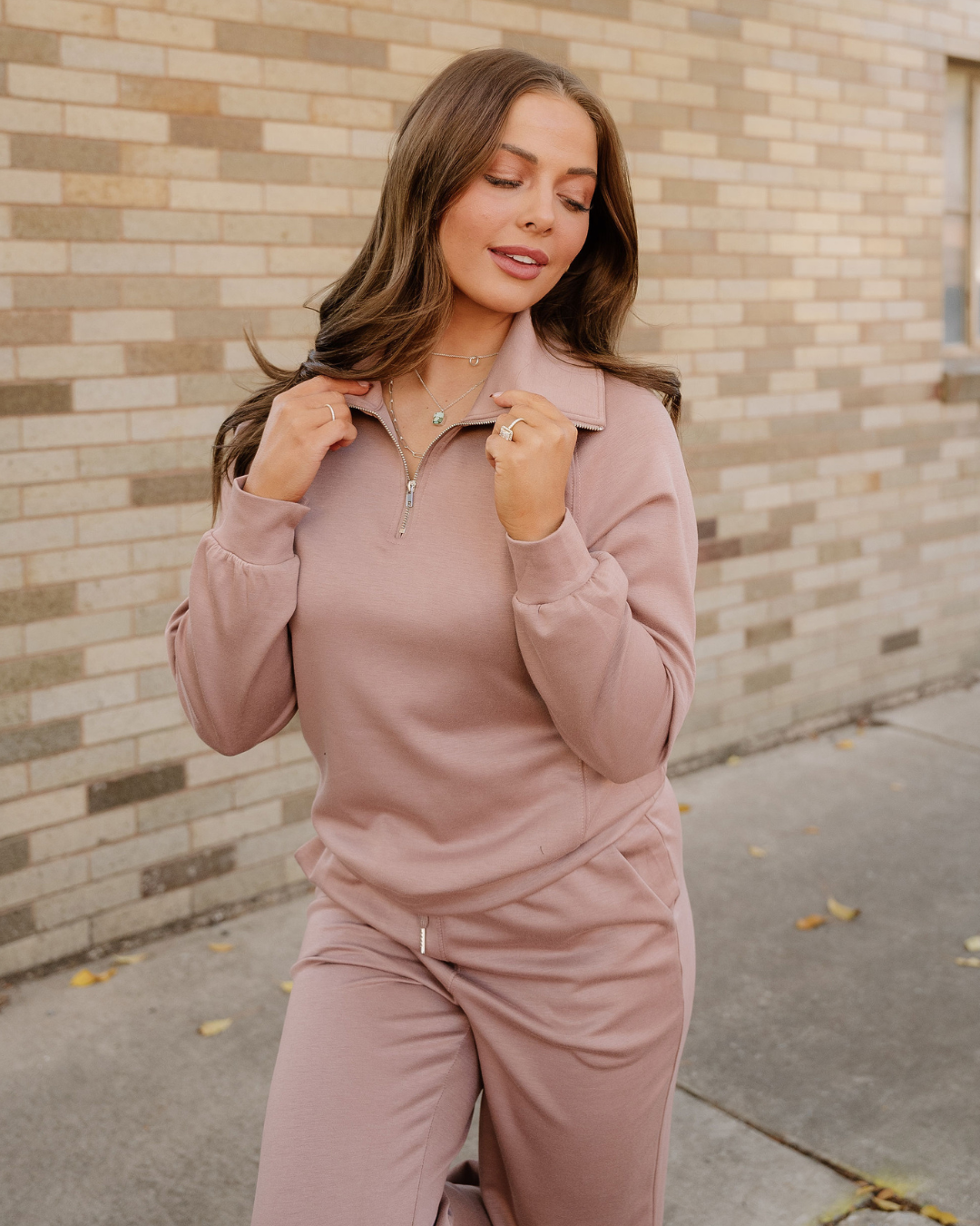Grace Zip Collar Long Sleeve Top Drawstring Pants Set