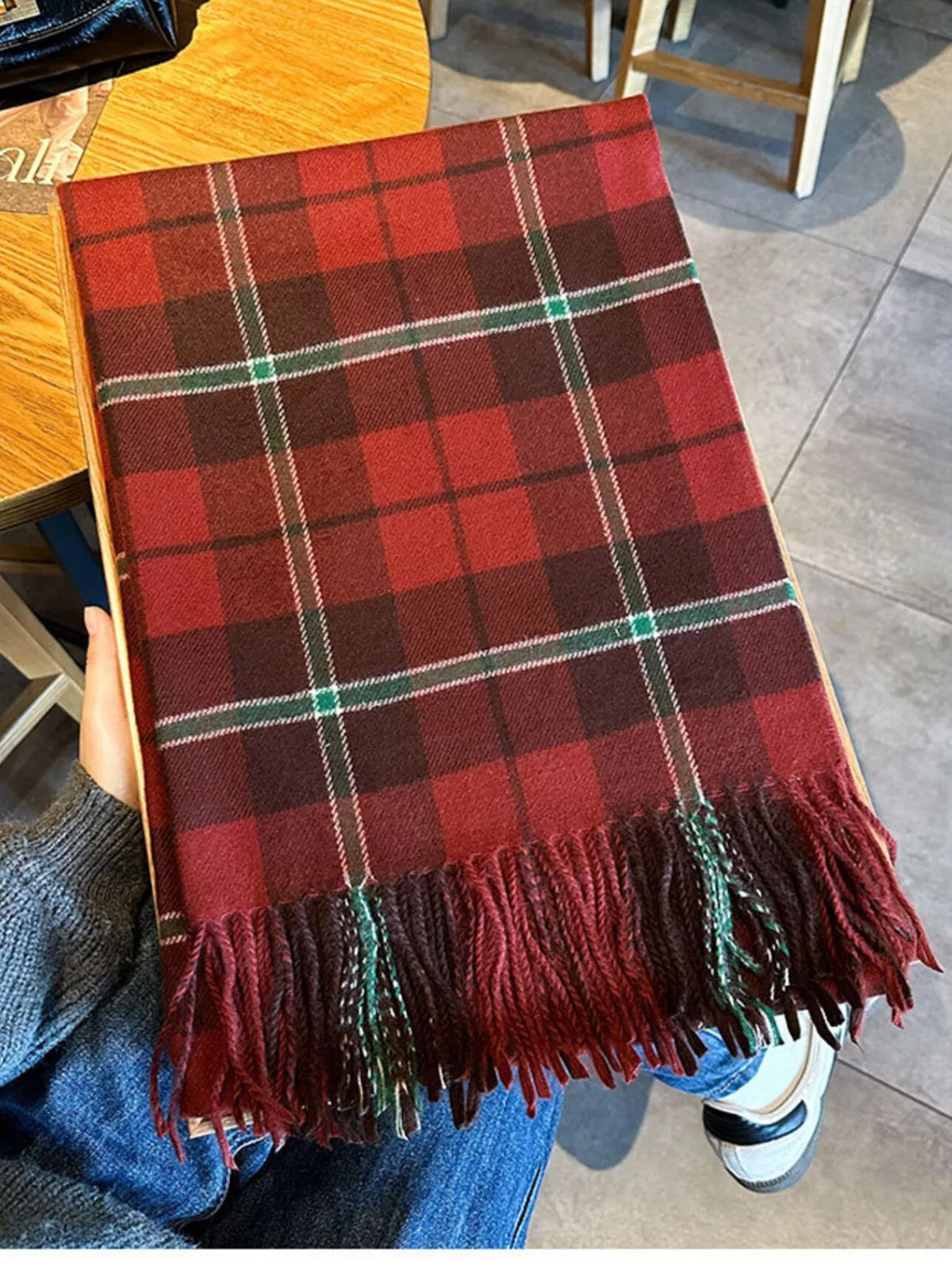 The Aspen Plaid Fringe Scarf.