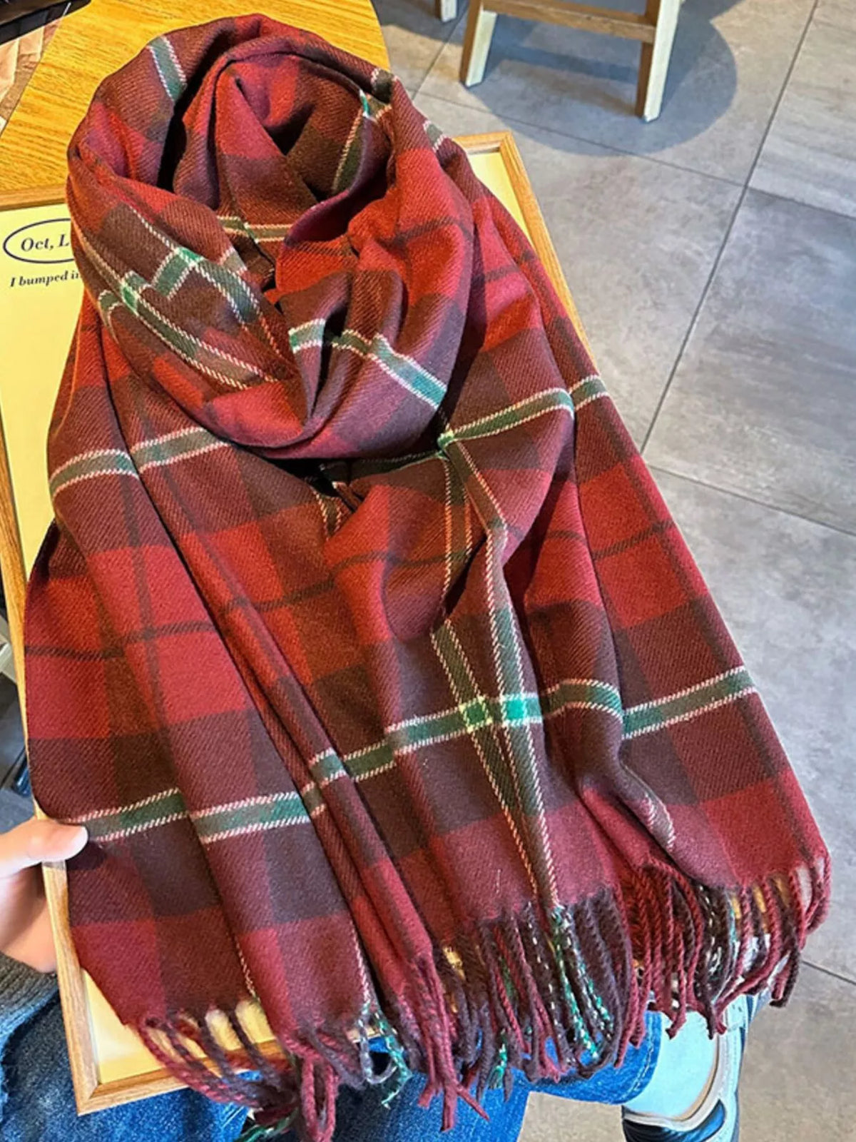 The Aspen Plaid Fringe Scarf.