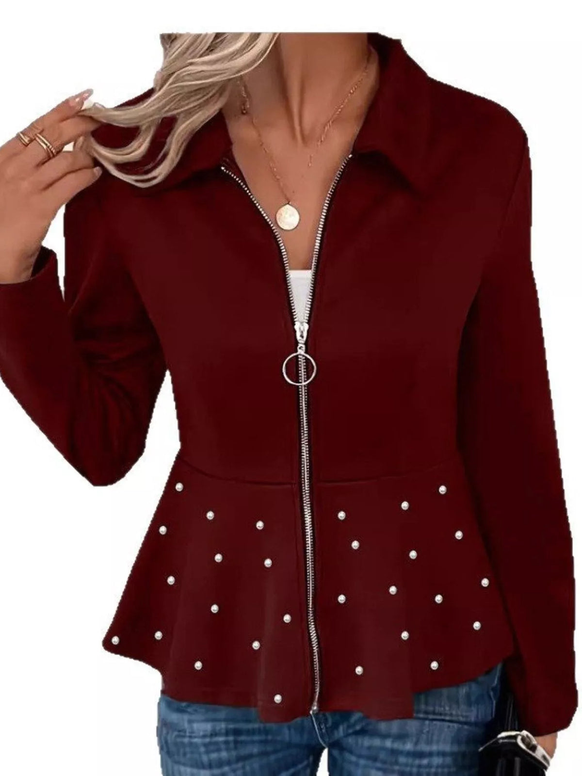 The Noelle Pearl-Embellished Peplum Jacket
