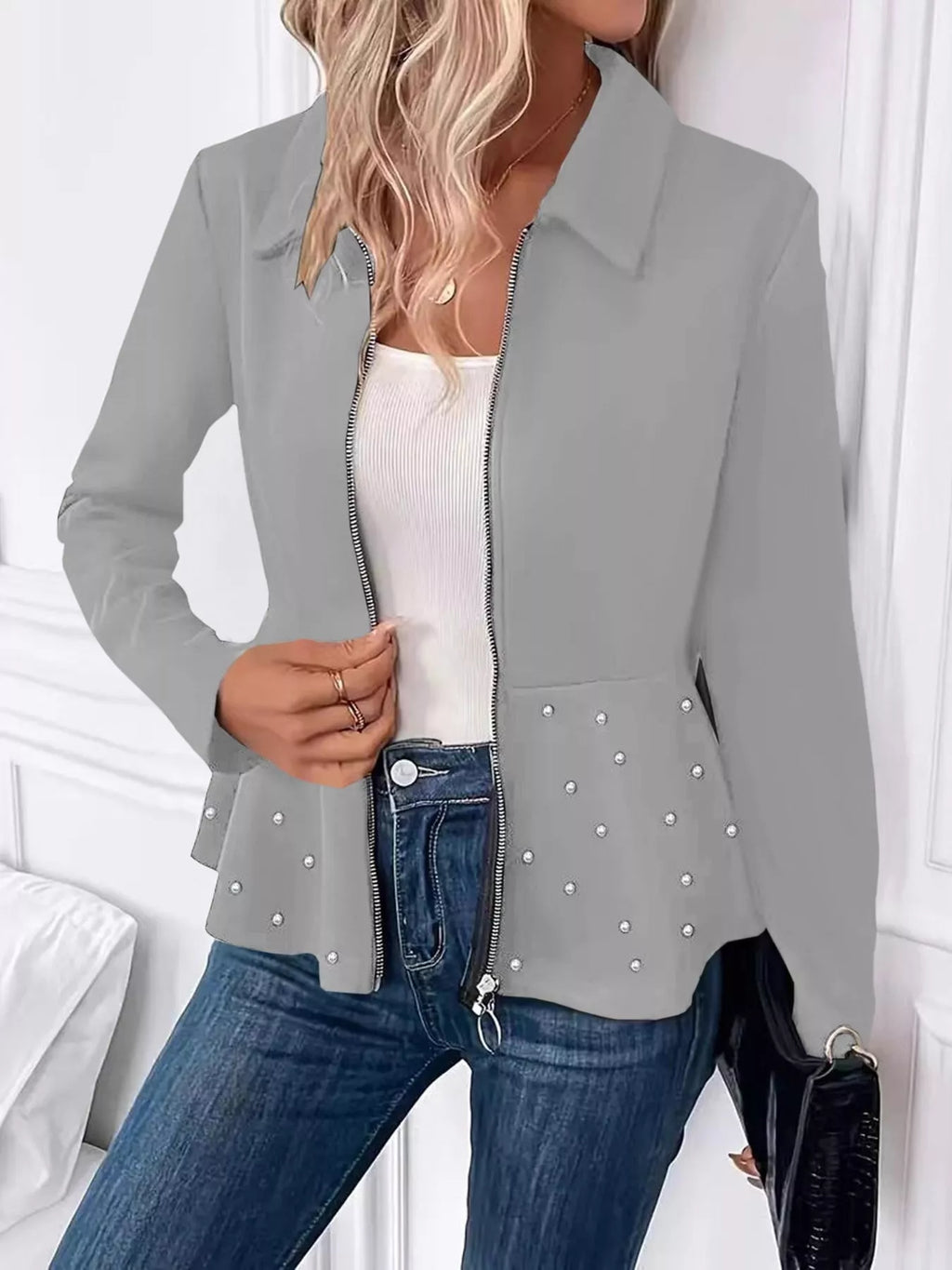 The Noelle Pearl-Embellished Peplum Jacket