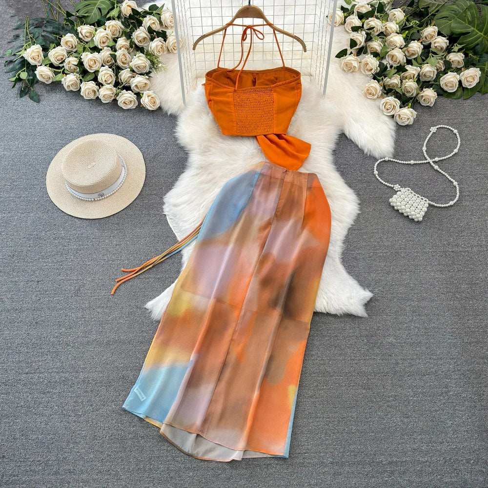 Mirabella-Beach Vacation Fashion Set – Halter Crop Top + High-Waist Tie-Dye Print Skirt, Two-Piece Bikini Cover-Up Coord