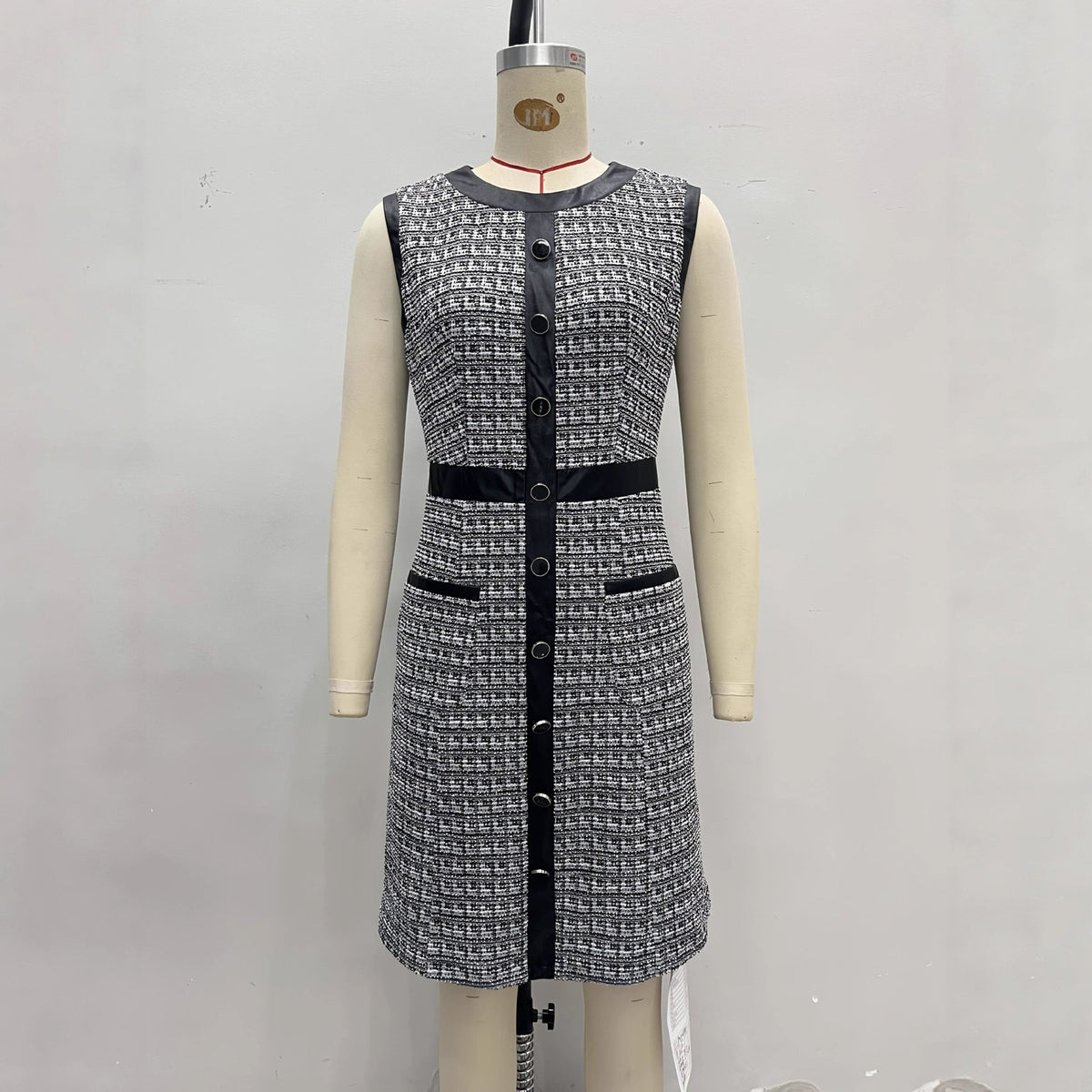 Women's Vintage Tweed Sleeveless A-Line Mini Dress – Leather Trim Vest Dress