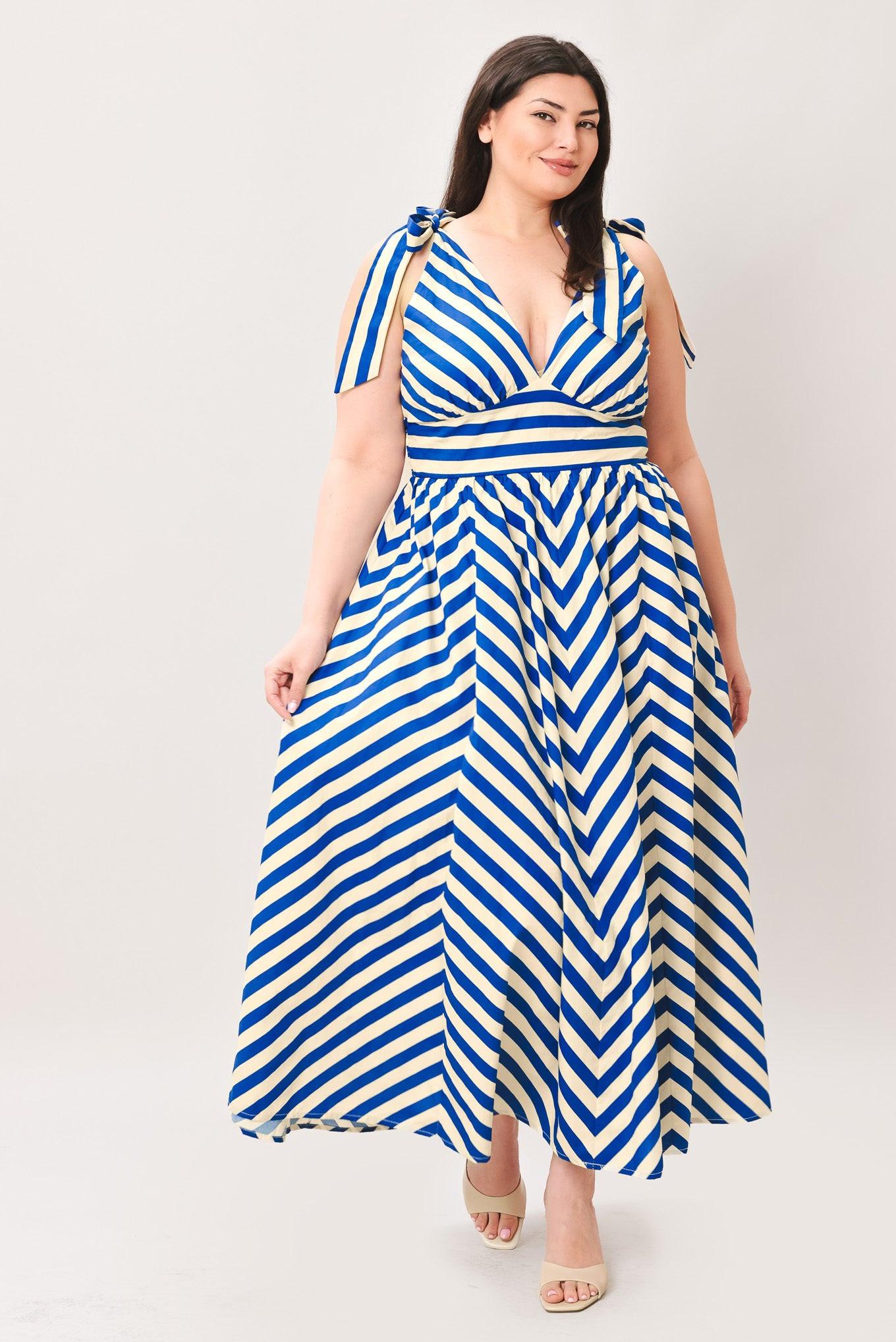 🔥BLUE VOYAGE STRIPE WOVEN MIDI DRESS