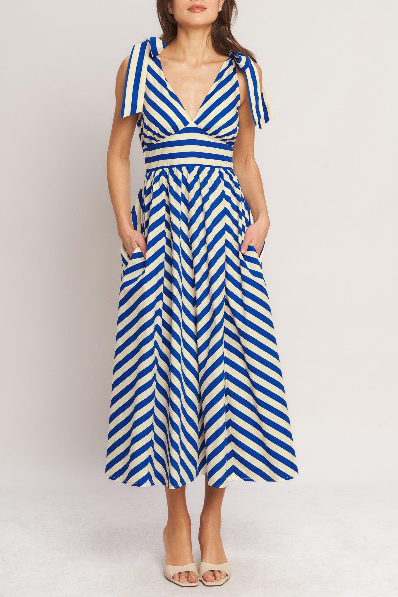 🔥BLUE VOYAGE STRIPE WOVEN MIDI DRESS