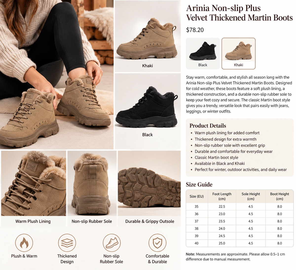 Arinia Non-Slip Plush-Lined Winter Boots
