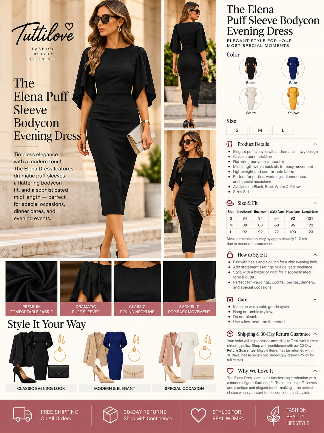 The Elena Puff Sleeve Bodycon Evening Dress