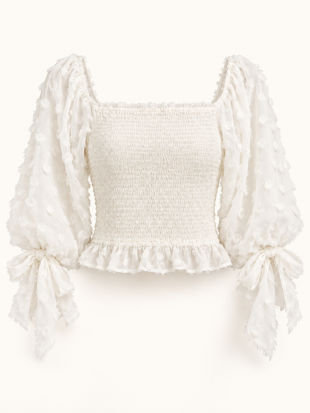 The Bella Tie Top — Ivory Textured Smocked Blouse