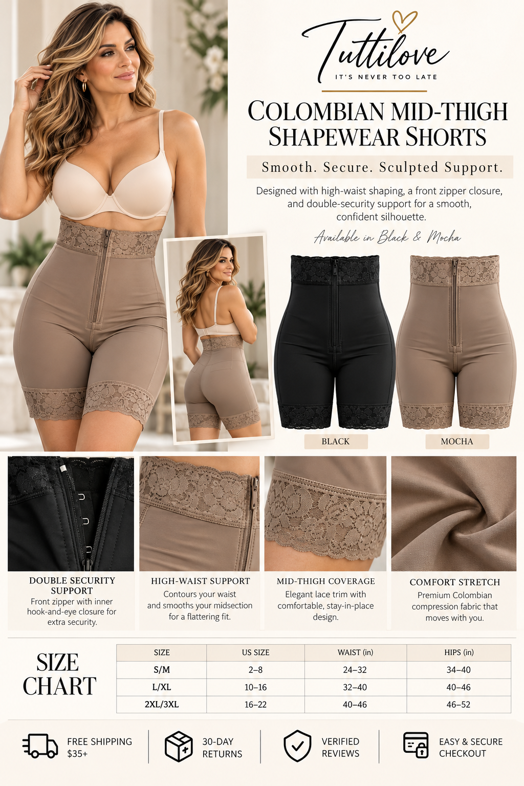Colombian Mid-Thigh Shapewear Shorts with Front Zipper