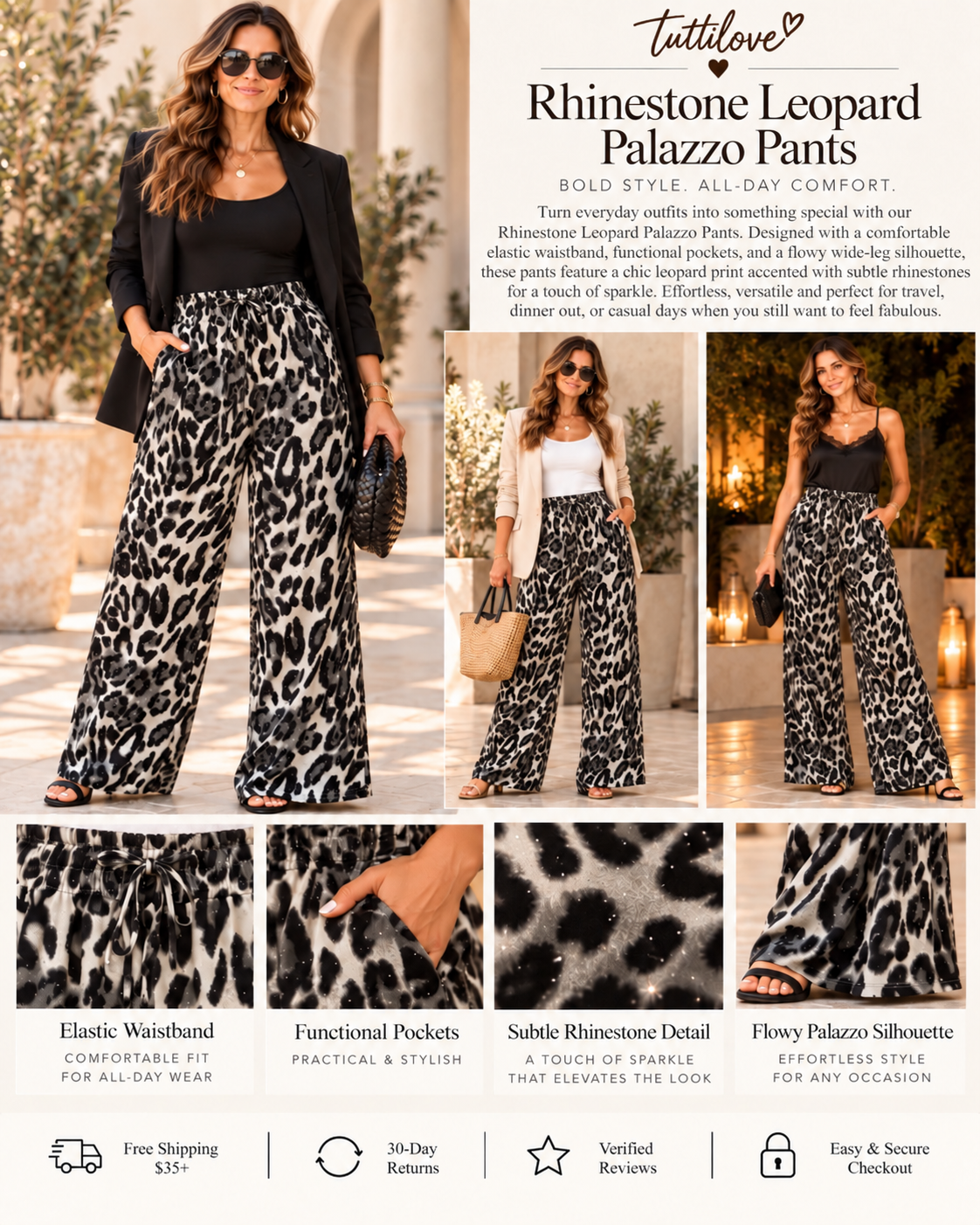 Rhinestone Leopard Palazzo Pants