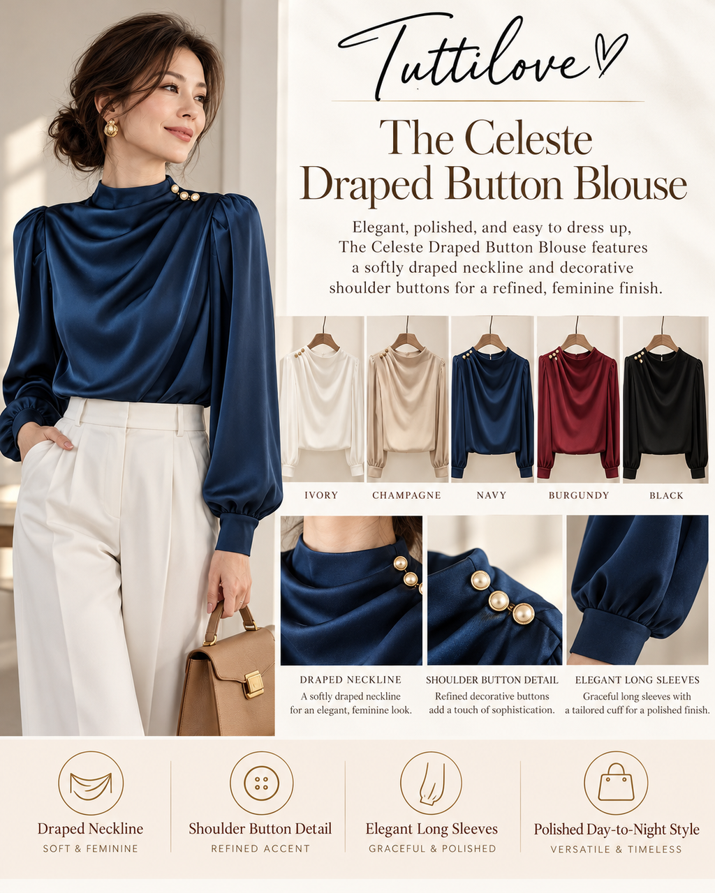 The Celeste Draped Button Blouse