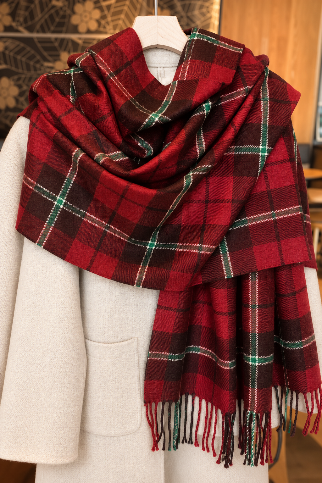 The Aspen Plaid Fringe Scarf.