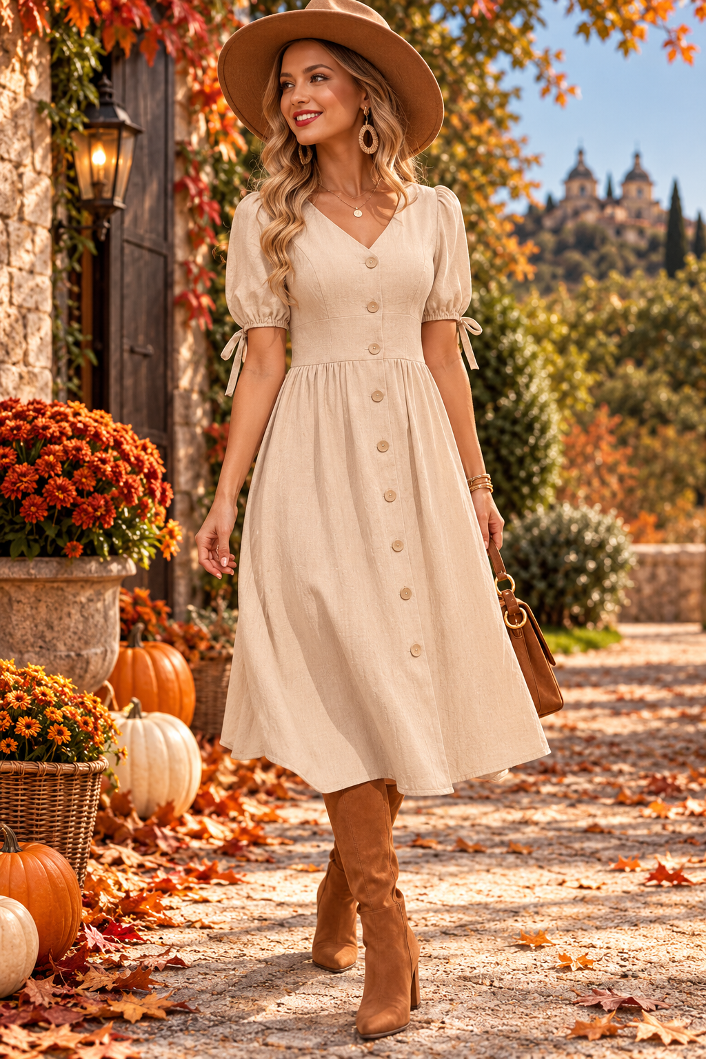 The Autumn Grace Button-Front Midi Dress