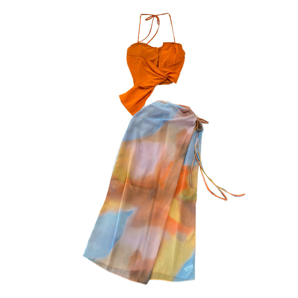 Mirabella-Beach Vacation Fashion Set – Halter Crop Top + High-Waist Tie-Dye Print Skirt, Two-Piece Bikini Cover-Up Coord