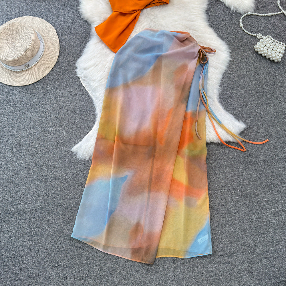 Mirabella-Beach Vacation Fashion Set – Halter Crop Top + High-Waist Tie-Dye Print Skirt, Two-Piece Bikini Cover-Up Coord
