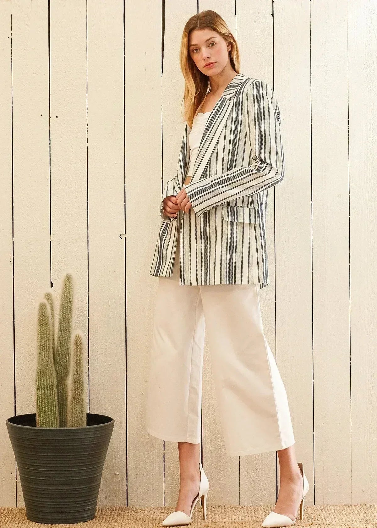 Blue White Stripe Blazer | Double Breasted Tweed Jacket - Femstylo