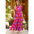 Orange Abstract Printed High Waist Ruffle Tiered Long Dress