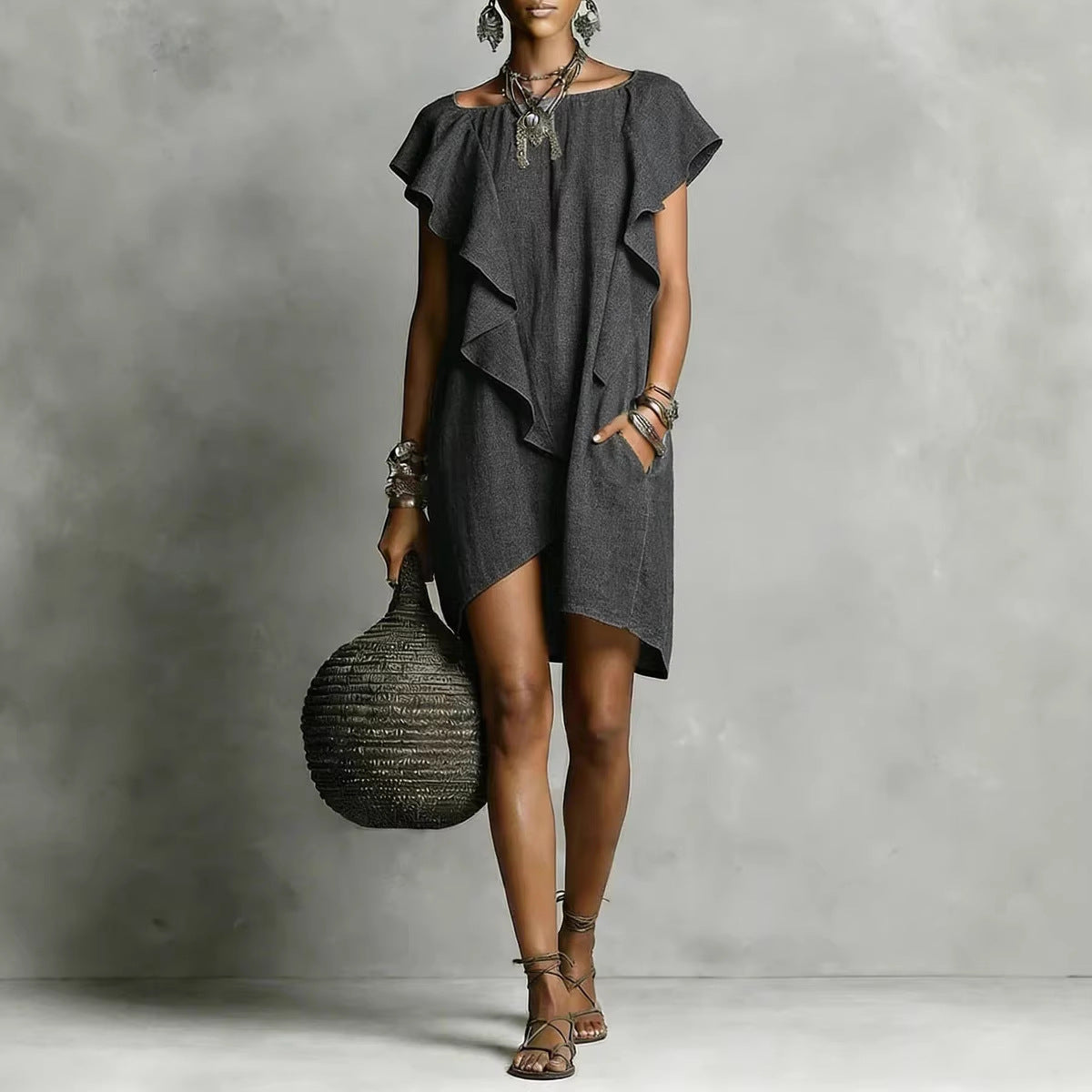 Women's Casual Short-Sleeve Solid Color Straight Dress