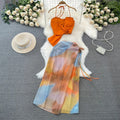 Mirabella-Beach Vacation Fashion Set – Halter Crop Top + High-Waist Tie-Dye Print Skirt, Two-Piece Bikini Cover-Up Coord