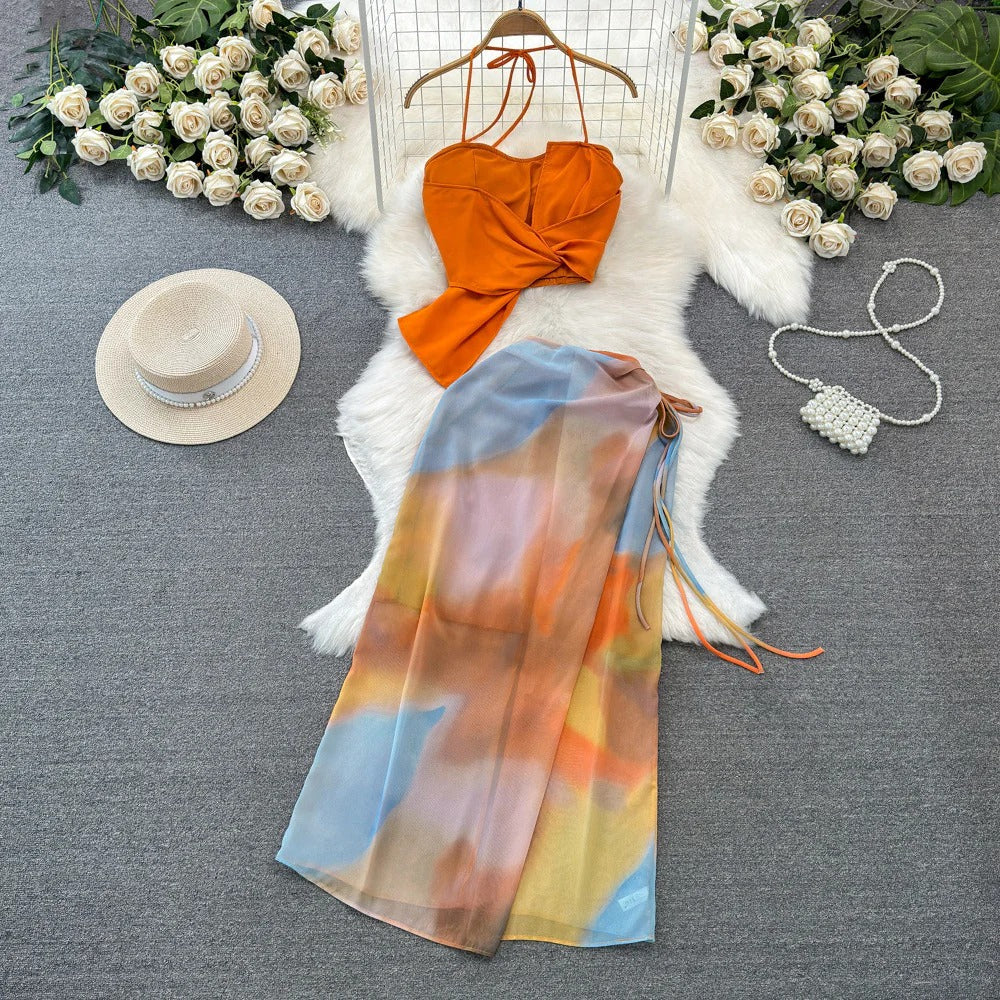Mirabella-Beach Vacation Fashion Set – Halter Crop Top + High-Waist Tie-Dye Print Skirt, Two-Piece Bikini Cover-Up Coord