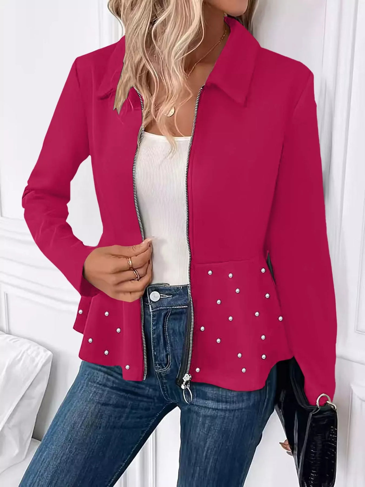 The Noelle Pearl-Embellished Peplum Jacket