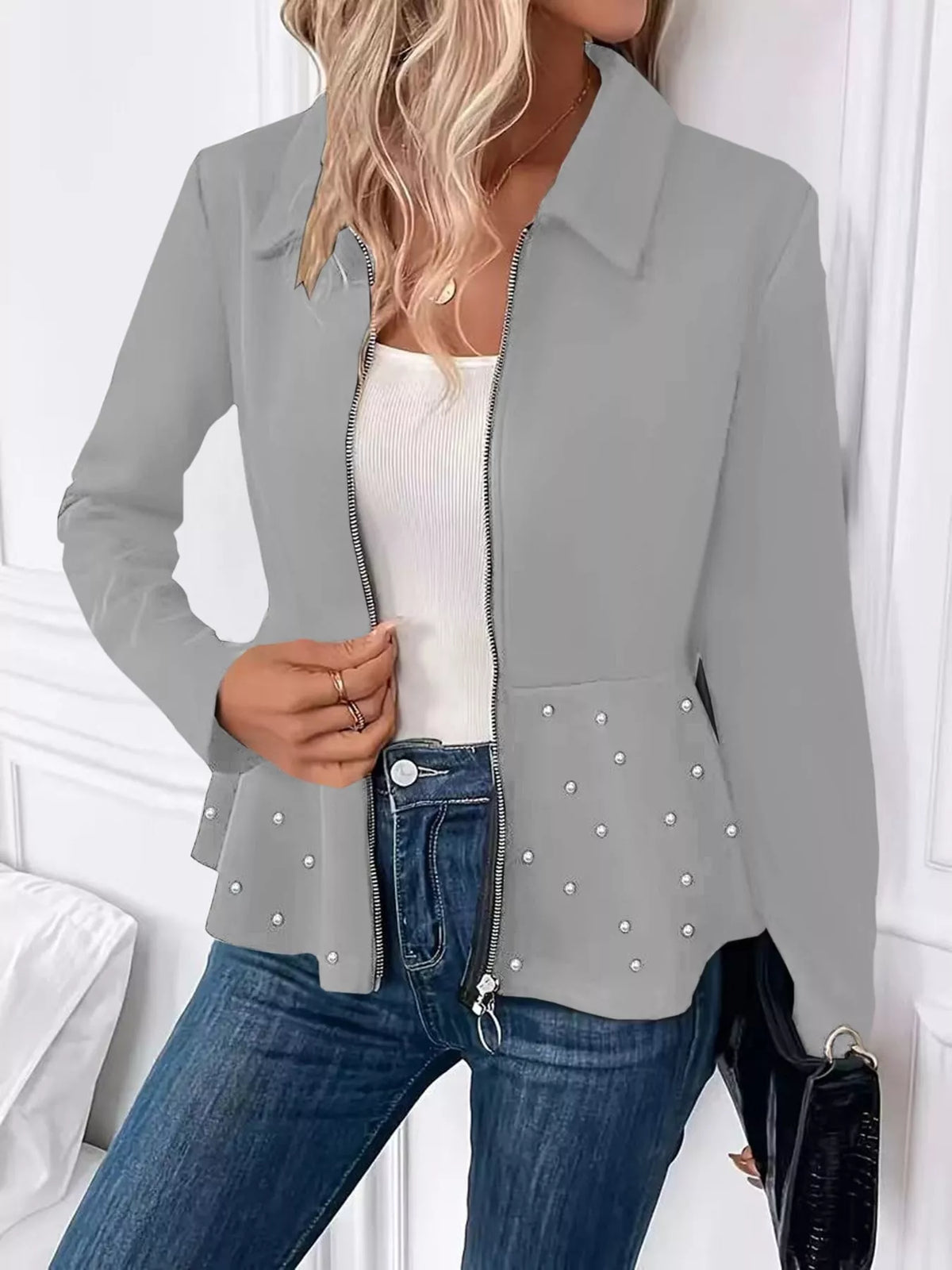 The Noelle Pearl-Embellished Peplum Jacket