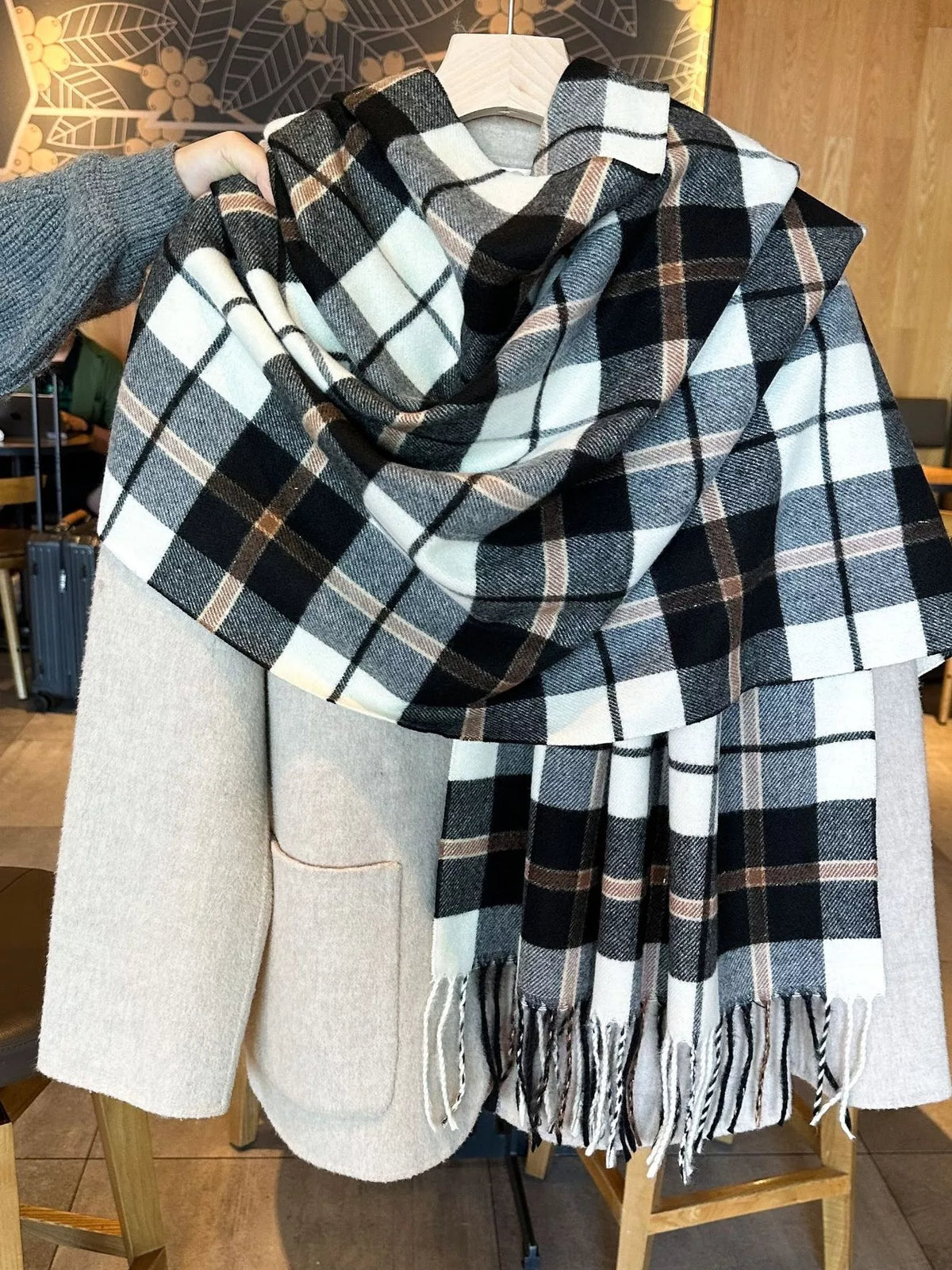 The Aspen Plaid Fringe Scarf.