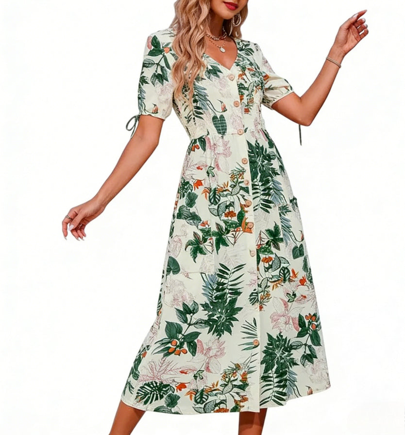 The Autumn Grace Button-Front Midi Dress
