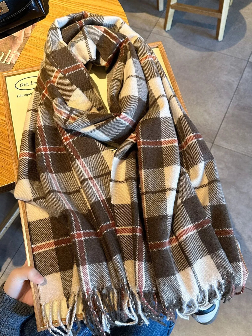 The Aspen Plaid Fringe Scarf.