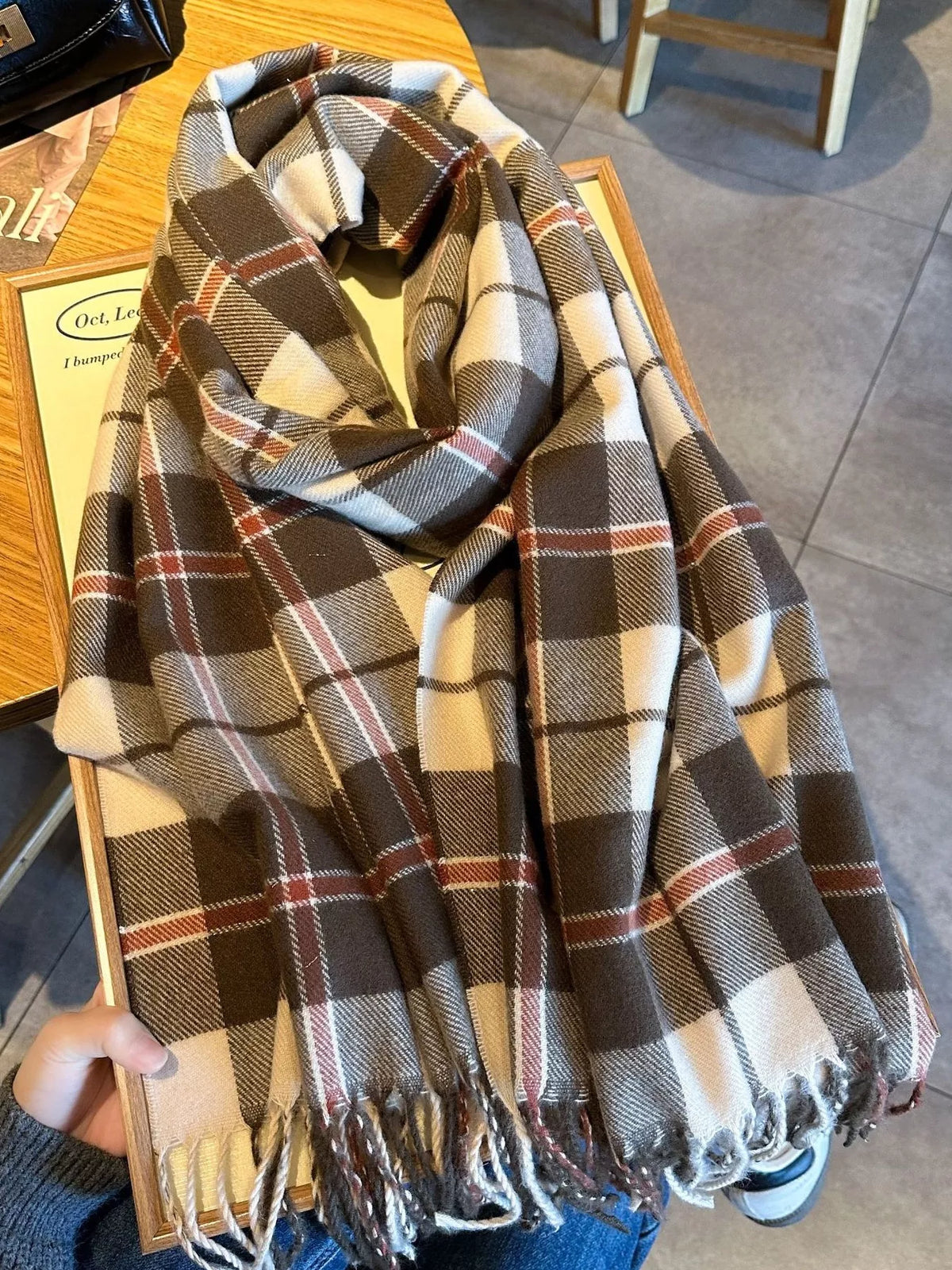 The Aspen Plaid Fringe Scarf.