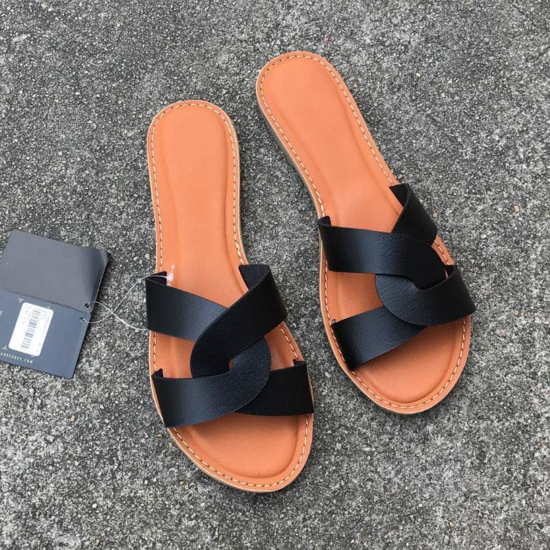 Summer Women Sandals Shoes Fashion Leather Surface Female Slippers Solid High Quality Woman Flat Slides Sandals Casual Strap Cross Slip On Sliders Beach Flat Sandals For Women