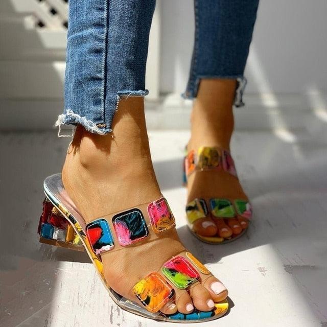 Women Square Heels Summer Sandals Open Toe Multi Colors Shoes Cute Sandals Flip Flops Slip On Fashion Wedding Dress Chunky Block Heels Open Back High Heel Slide Slipper